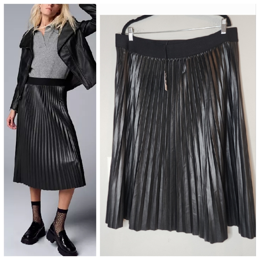 NWT Simply Vera Vera Wang Faux-Leather Black Pull On Pleated Midi Skirt Size XXL